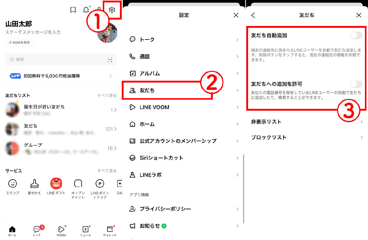 「友だち自動追加」「友だちへの追加を許可」1