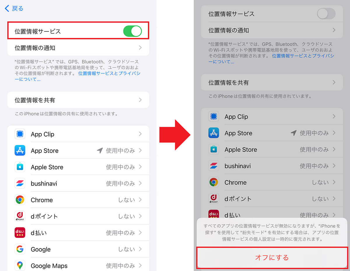 「位置情報サービス」をオフにする手順2