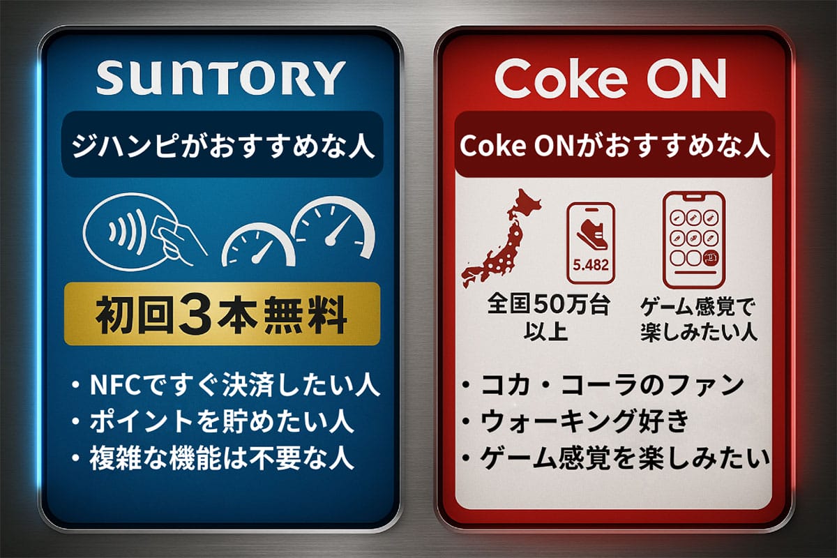 サントリーの自販機アプリ「ジハンピ」は「Coke ON」と何が違う?交通系ICで十分?2