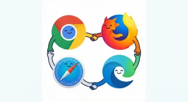 複数のブラウザアイコンが手を取り合っているイラスト、またはInterop 2026の公式バナー画像