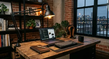 デスクの上に置かれたおしゃれなマットブラックのスイングアームランプ。インダストリアルな雰囲気のデスクセットアップ全景