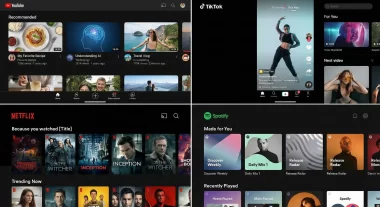 YouTube・TikTok・Netflix・Spotifyのホーム画面を並べた比較画像。すべてがレコメンドベースであることを示す