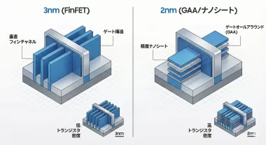 TSMCの2nmプロセスと3nmプロセスの微細化を比較するイメージ図