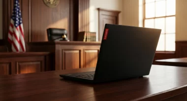 Lenovoのロゴとアメリカの裁判所のイメージを組み合わせたアイキャッチ画像
