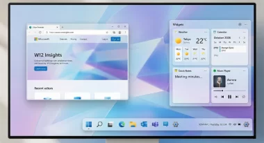 Windows 12のコンセプトUIイメージ、フローティングタスクバーと透明ガラス風デザインのモックアップ